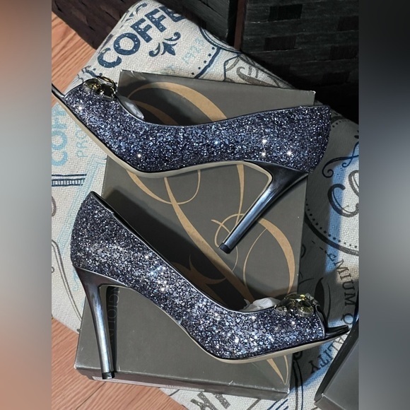 Enzo ANGIOLINI GREY GLITTER Peep Toe Pump EAMAIDEN PEWTR W Gold Stone Sz 8.5 - Picture 7 of 8